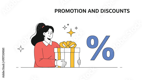 Cheerful woman holds a white gift box with a yellow ribbon next to a large blue percent sign to represent special promotions and discounts.