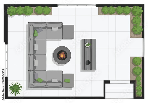 Modern Outdoor Living Space Design With Large Sectional Sofa Round Fire Pit And Coffee Table On Paved Patio Area furniture icons top view interior