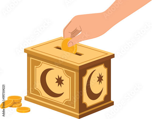 Wooden donation box with islamic crescent moon symbol and hand putting gold coin inside slot