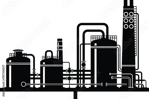 Black silhouette oil refinery petrochemical industrial plant with distillation columns tanks pipes reactors smokestack heavy chemical engineering vector illustration skyline