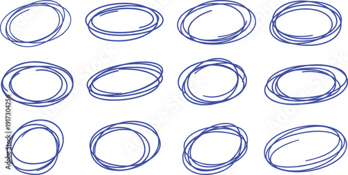 Hand drawn circle scribble set featuring rough sketch rings, doodle loops and abstract circular design elements
