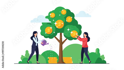 Two businesswomen watering money tree with gold coins to symbolize sustainable financial growth and successful long term investment strategies.