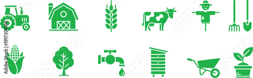 Green eco agriculture icon set representing sustainable farming, nature protection, organic food and environmental care
