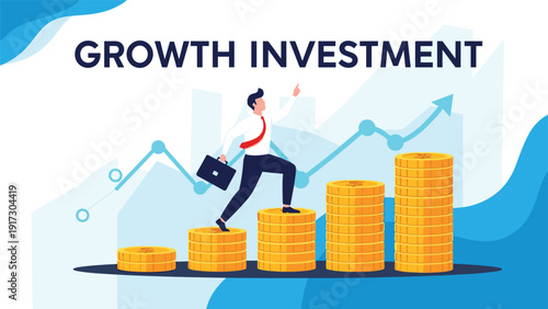 Professional businessman walking up stairs of gold coins against financial growth background representing successful investment strategy.