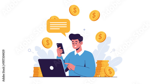 Professional man working on laptop and phone with flying gold coins and speech bubble for profitable online communication and business.