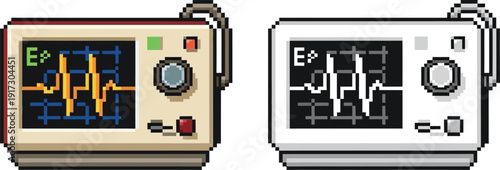 Pixel art illustration of two medical vital signs monitors, one beige and one white, displaying an ECG waveform.