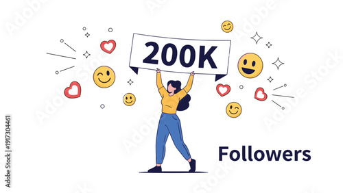 Influencer woman holding large sign celebrating two hundred thousand followers surrounded by hearts and various expressive social media emoji icons.