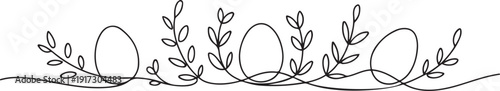 Easter holiday eggs with plant branches drawn by one line. Greeting banner desing.  one line Art icon drawing vector
