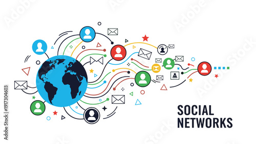 Detailed global network map connecting people icons and messages across world globe to illustrate concept of international social media networking.