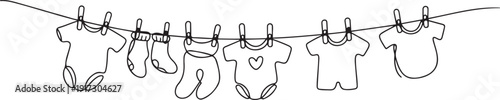 Cute kids clothing hanging on a rope drawn in one line. Sketch. Continuous line drawing baby things. one line Art icon drawing vector