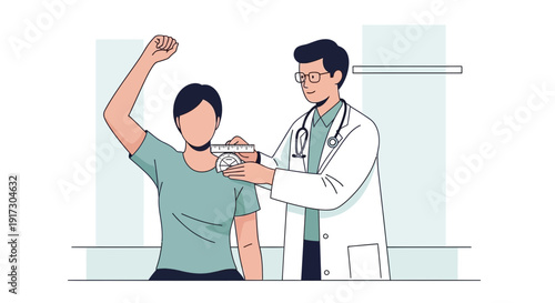 Doctor measuring patient's shoulder with tape measure, medical checkup