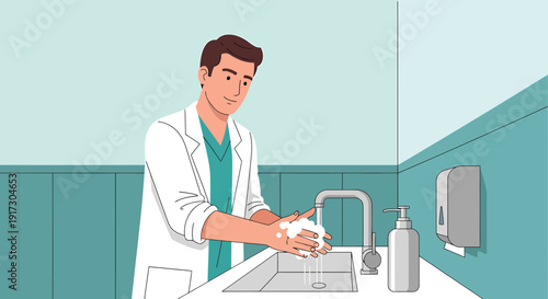 Doctor washing hands with soap and water in modern medical clinic sink