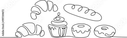 Bakery products drawn in one line. Food sketch. Continuous line drawing art. one line Art icon drawing vector