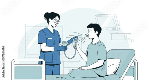 Nurse administering nebulizer treatment to patient in hospital bed, medical illustration