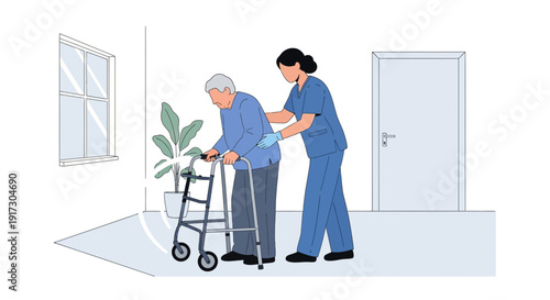 Nurse assisting elderly man with walker in home care setting