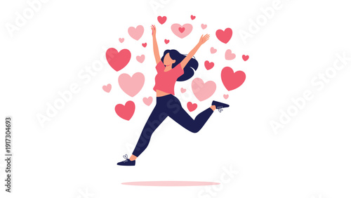 Joyful woman jumping in air with her arms raised surrounded by many floating pink and red hearts to express love and happiness.