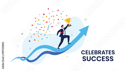 Successful businessman running up rising blue arrow while holding golden trophy to celebrate business achievements with colorful confetti background.