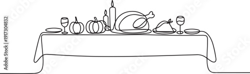 Thanksgiving holiday table drawn one line. Festive sketch. Doodle. one line Art icon drawing vector