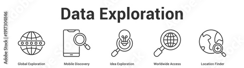 Data Exploration web banner icon set vector illustration concept for business with icon of Global Exploration, Mobile Discovery, Idea Exploration, Worldwide Acce.
