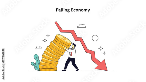 Concerned businessman trying to support falling stack of gold coins against backdrop of sharp downward economic red arrow for falling economy.