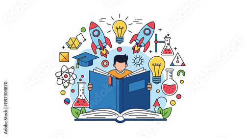 Student peeking from behind large open book with diverse cloud of educational, scientific, and creative icons representing comprehensive learning.