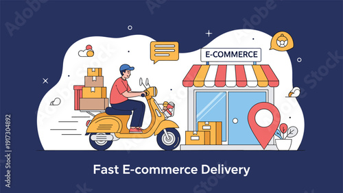 Fast e-commerce delivery concept featuring a courier riding a yellow motor scooter with stack of packages in front of a storefront.