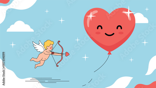 Cute cupid character aiming a heart-shaped arrow at a giant smiling red heart balloon in the blue sky with clouds for Valentines day.