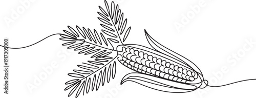 Christmas tree branches with a corn drawn in doodle style. Sketch. one line Art icon drawing vector