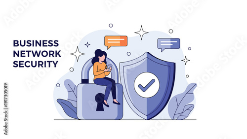 Young woman sitting on a giant padlock and using her smartphone next to a large blue shield for business network security.