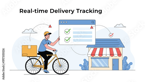Bicycle courier delivering a package with a digital interface showing real-time delivery tracking status and route map.