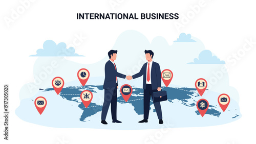 Two professional businessmen shaking hands in front of a world map with various location pin icons for international business.