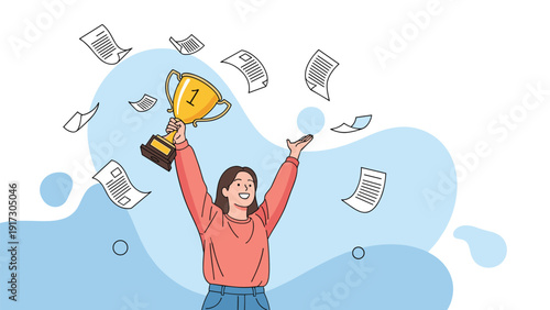 Successful woman holding a golden trophy cup with number one while many documents and papers fly around her in celebration.