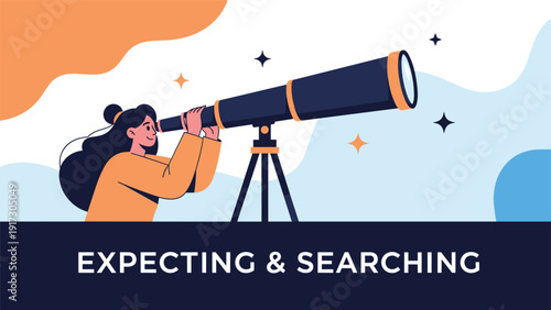 Young woman looking through a large professional telescope toward the stars for expectations and searching concept.