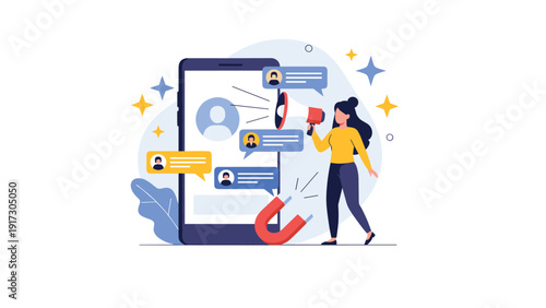 Woman using a megaphone and a large magnet to attract and recruit users on a mobile phone social media app interface.