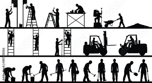 Black silhouette set of construction workers on scaffolding painting plastering digging operating forklift loader heavy machinery labor team vector illustration pack.