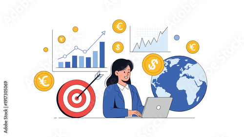 Businesswoman working on laptop surrounded by financial charts, golden coins, a world globe, and a target for success.