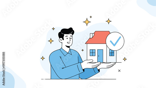 Happy man holding a miniature house model with a blue checkmark to symbolize successful real estate purchase or home insurance approval.