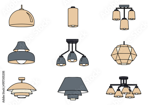 Simple line art ceiling lamps set featuring nine different modern and classic designs for home decor and interior design