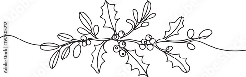 Holly berry drawn by one line. Floral sketch. Continuous line drawing mistletoe. one line Art icon drawing vector