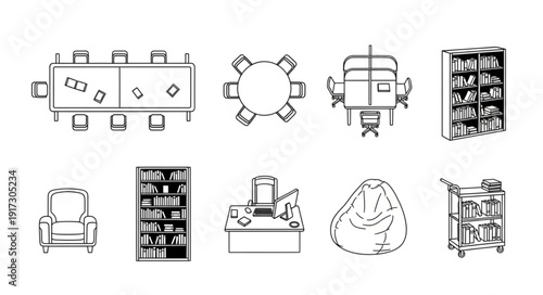 Collection of Office Furniture and Equipment Line Drawings.