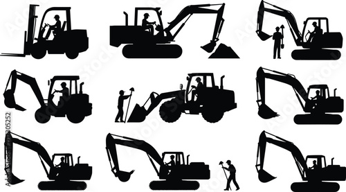 Black silhouette set of excavator operators, diggers, forklift driver, construction workers with shovel, heavy machinery icons vector illustration pack.