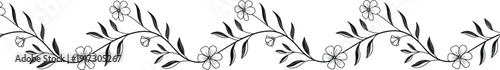 Seamless horizontal floral border in black line art. Elegant botanical vine with leaves and small flowers. Minimal monochrome decorative trim for invitations, wallpaper, and fabric. 