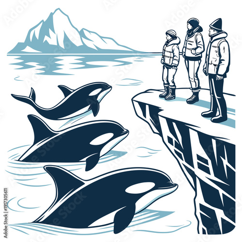 Orcas swim near icy cliff with people whale arctic