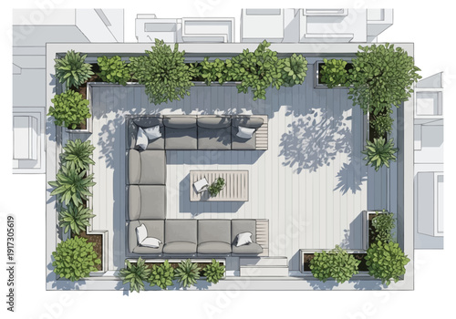 Aerial View Of A Modern Rooftop Terrace Oasis With Comfortable Seating Area And Lush Greenery Providing A Serene Urban Retreat furniture icons top