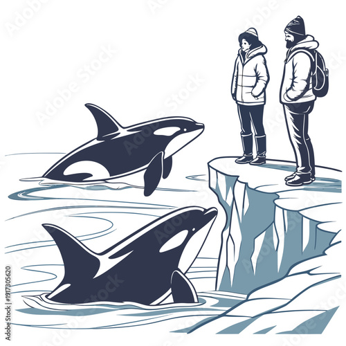 Two people on iceberg observing orcas in arctic water