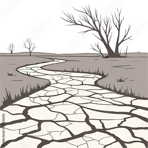 Dry cracked earth riverbed with bare trees desolate landscape