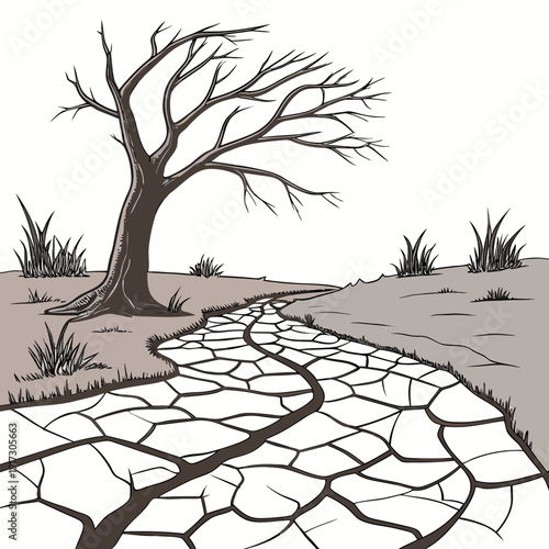 Dry cracked earth path beside bare tree