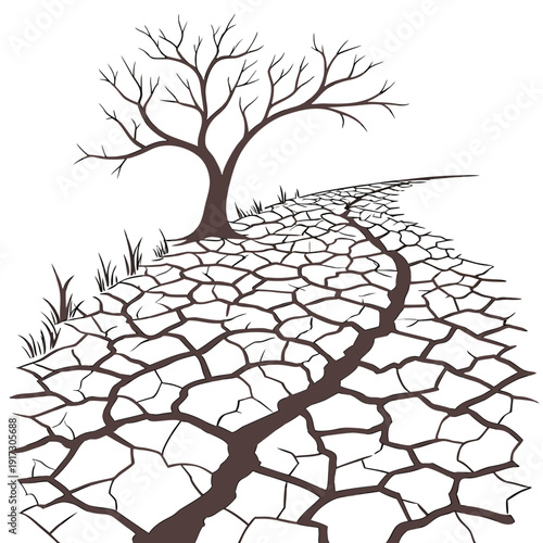 Dry cracked earth with bare tree