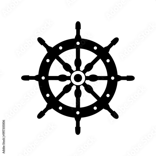 Minimal black silhouette ship steering wheel helm icon, vector illustration, isolated on white background