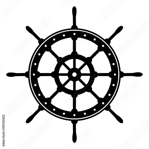Minimal black silhouette ship steering wheel helm icon, vector illustration, isolated on white background